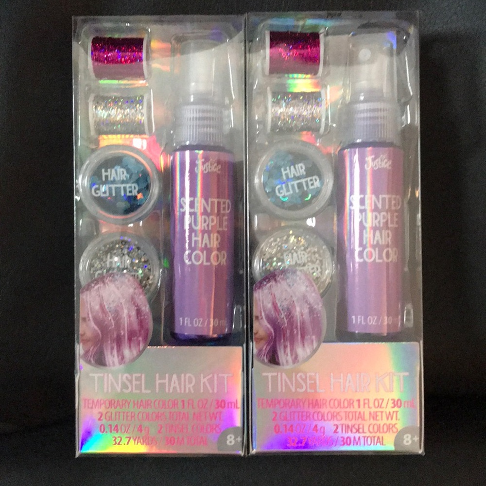 Justice purple hair color spray glitter and thread